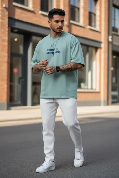 Tricou barbati vernil, cu imprimeu pe spate, oversize 11819 O1-3.3